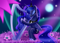 Size: 3500x2500 | Tagged: safe, artist:leonkay, princess luna, alicorn, pony, g4, cute, dreamscape, eyes closed, female, flower, full moon, harp, high res, lunabetes, mare, moon, musical instrument, night, playing, signature, sitting, smiling, solo, stars, weapons-grade cute