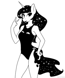 Size: 2000x2392 | Tagged: safe, artist:up1ter, princess luna, anthro, g4, black and white, clothes, female, grayscale, high res, monochrome, one-piece swimsuit, solo, swimsuit, wingless, wingless anthro