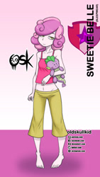 Size: 984x1744 | Tagged: safe, artist:oldskullkid, spike, sweetie belle, dragon, equestria girls, g4, barefoot, camisole, clothes, feet, female, pajamas, plushie, solo