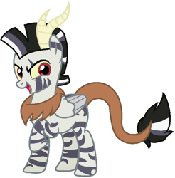 Size: 614x625 | Tagged: safe, artist:joystick12, oc, oc only, oc:chaos, draconequus, hybrid, pegasus, pony, zebra, draconequus oc, folded wings, horn, interspecies offspring, leonine tail, looking at you, male, offspring, open mouth, parent:discord, parent:zecora, parents:zecord, raised hoof, simple background, smiling, solo, white background, wings