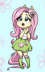 Size: 1046x1667 | Tagged: safe, artist:ameliacostanza, fluttershy, equestria girls, g4, blushing, breasts, busty fluttershy, chibi, cleavage, cute, eyeshadow, makeup, open mouth, ponied up, shyabetes, solo