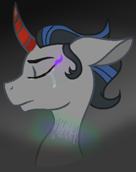 Size: 378x478 | Tagged: safe, artist:joystick12, king sombra, pony, unicorn, g4, bust, colored horn, crying, curved horn, eye mist, eyes closed, floppy ears, former good king sombra, good king sombra, head, headcanon, horn, male, solo, sombra horn, stallion