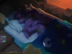 Size: 3200x2400 | Tagged: safe, artist:redruin01, spike, twilight sparkle, pony, unicorn, g4, bed, bedroom, book, comfy, cute, duo, female, high res, library, male, mama twilight, mare, moonlight, power ponies comic, sleeping, spikabetes, spikelove, twiabetes, unicorn twilight