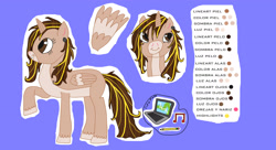 Size: 3324x1803 | Tagged: safe, artist:twin-fan, oc, oc only, alicorn, pony, alicorn oc, blue background, bust, computer, ear piercing, female, horn, laptop computer, mare, piercing, raised hoof, reference sheet, simple background, unshorn fetlocks, wings
