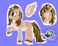 Size: 2440x1920 | Tagged: safe, alternate version, artist:twin-fan, oc, oc only, alicorn, pony, alicorn oc, blue background, bust, computer, ear piercing, female, horn, laptop computer, mare, piercing, raised hoof, reference sheet, simple background, unshorn fetlocks, wings