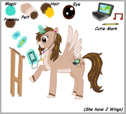 Size: 649x589 | Tagged: safe, artist:twin-fan, oc, oc only, alicorn, pony, alicorn oc, computer, ear piercing, earbuds, female, freckles, glowing horn, grin, horn, laptop computer, magic, mare, music player, piercing, raised hoof, reference sheet, simple background, smiling, solo, telekinesis, unshorn fetlocks, white background, wings