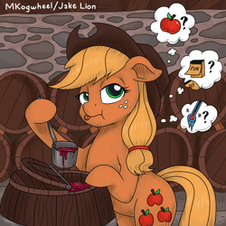 Size: 1512x1512 | Tagged: safe, artist:docwario, artist:mkogwheel, applejack, earth pony, pony, g4, applejack's hat, barrel, collaboration, cowboy hat, female, freckles, hat, hind legs, hoof hold, jacktober, ladle, legs together, mare, solo, thinking, thought bubble, tongue out