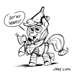 Size: 2250x2310 | Tagged: safe, artist:docwario, applejack, earth pony, pony, g4, axe, black and white, clothes, costume, crossover, grayscale, high res, jacktober, lineart, monochrome, simple background, the wizard of oz, tin man, weapon, white background