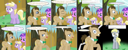 Size: 3724x1480 | Tagged: safe, artist:theevilflashanimator, amethyst star, derpy hooves, dinky hooves, doctor whooves, sparkler, time turner, pegasus, pony, unicorn, ask discorded whooves, g4, ask, backyard, bowtie, comic, crying, dialogue, dinky hooves is not amused, female, fence, filly, jewelry, key, male, mare, necklace, picket fence, race swap, stallion, teenager, this will end in tears, this will not end well, tree, trio, tumblr comic