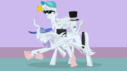 Size: 1366x768 | Tagged: safe, artist:forgalorga, cozy glow, lord tirek, queen chrysalis, centaur, changeling, changeling queen, pegasus, pony, g4, the ending of the end, baseball cap, boots, cap, clothes, fashion, female, filly, hat, it came from youtube, legion of doom statue, male, petrification, pinwheel (toy), purse, scarf, shoes, sun hat, sunglasses, top hat, trio, two retired princesses, umbrella, youtube link