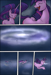 Size: 1920x2816 | Tagged: safe, artist:shieltar, part of a set, twilight sparkle, pony, unicorn, comic:giant twilight, g4, :p, comic, cute, dialogue, eyes closed, female, galaxy, giant pony, giant twilight sparkle, giantess, growth, jewelry, macro, magic, mare, necklace, open mouth, part of a series, pony bigger than a planet, pony bigger than a solar system, pony bigger than a star, pony heavier than a black hole, signature, silly, silly pony, size difference, solo, space, stars, tongue out, twiabetes, unicorn twilight