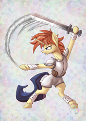 Size: 1169x1654 | Tagged: safe, artist:calena, oc, oc only, pony, unicorn, armor, bag, commission, ear fluff, holding, saddle bag, simple background, solo, sword, weapon, ych result