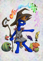 Size: 1169x1654 | Tagged: safe, artist:calena, oc, oc only, pony, unicorn, apple, banana, chaos, clothes, command and conquer, commission, food, fruit, grapes, hat, magician, magician outfit, necromancy, pear, potion, pumpkin, simple background, solo, staff, watermelon, ych result