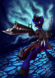 Size: 1169x1654 | Tagged: safe, artist:calena, oc, oc only, oc:jesus, semi-anthro, arm hooves, clothes, commission, detailed, gun, perspective, shining resonance, solo, sword, weapon, ych result