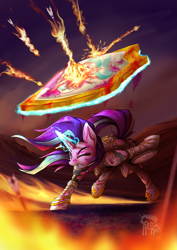 Size: 1403x1984 | Tagged: safe, artist:calena, starlight glimmer, pony, unicorn, g4, armor, armor skirt, arrow, battlefield, blood, clothes, commission, damaged, fire, gold, magic, pigtails, shield, shining resonance, skirt, solo, torn clothes, ych result