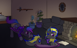 Size: 3411x2139 | Tagged: safe, artist:thehuskylord, oc, oc only, oc:grey, oc:rapid shadow, bat pony, pony, unicorn, bed, book, clothes, couch, cushion, duo, fire, fireplace, flower, high res, house, picture frame, plant, rapid x grey, reading, scarf, shelf, sweater