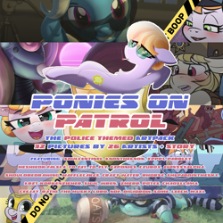Size: 3000x3000 | Tagged: safe, copper top, lyra heartstrings, march gustysnows, sweetie belle, trixie, robot, art pack:ponies on patrol, g4, advertisement, art pack, badge, cover art, food, hamburglar, high res, oats, police, police hat, police officer, police tape, police uniform, sweetie bot
