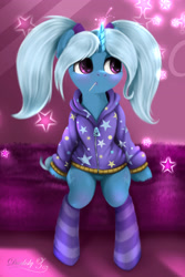 Size: 2456x3684 | Tagged: safe, artist:darksly, trixie, pony, unicorn, alternate hairstyle, babysitter trixie, candy, clothes, cute, diatrixes, female, food, gameloft, gameloft interpretation, hoodie, lollipop, mare, mouth hold, pigtails, sitting, socks, solo, striped socks