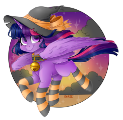 Size: 1920x1865 | Tagged: safe, artist:sk-ree, twilight sparkle, alicorn, pony, g4, bell, bell collar, clothes, collar, halloween, hat, holiday, simple background, socks, solo, striped socks, transparent background, twilight sparkle (alicorn), witch hat