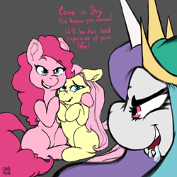 Size: 2000x2000 | Tagged: safe, artist:saintmuerte, fluttershy, pinkie pie, princess celestia, alicorn, earth pony, pegasus, pony, g4, crown, dialogue, digital art, drool, fetish, high res, hooves, horn, imminent vore, implied vore, jewelry, pinkie prey, princess vorestia, regalia, simple background, tail, text, willing prey