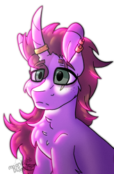 Size: 388x591 | Tagged: safe, artist:thatonefluffs, oc, oc only, oc:prince, pony, unicorn, curved horn, fluffy, horn, horn ring, jewelry, kinnie, kinsona, ring, scar, serious, simple background, solo, transparent background