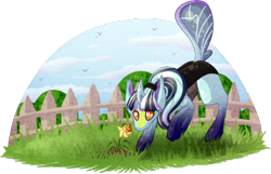 Size: 387x250 | Tagged: safe, artist:velnyx, oc, oc only, oc:opal, changedling, changeling, female, fence, flower, pixel art, simple background, solo, transparent background