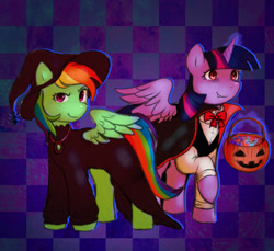 Size: 1200x1100 | Tagged: safe, artist:poofindi, rainbow dash, twilight sparkle, alicorn, pony, g4, candy bag, clothes, costume, dracula, dracula costume, halloween, halloween costume, holiday, looking at you, magic, simple background, twilight sparkle (alicorn), witch costume