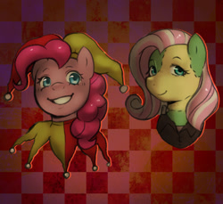 Size: 1200x1100 | Tagged: safe, artist:poofindi, fluttershy, pinkie pie, earth pony, pegasus, pony, g4, bust, clothes, costume, frankenstein, frankenstein's monster, grin, halloween, halloween costume, holiday, jester, jester pie, looking at you, simple background, smiling