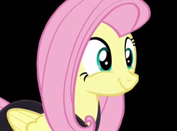 Size: 1013x751 | Tagged: safe, derpibooru exclusive, edit, edited screencap, editor:twilyisbestpone, screencap, fluttershy, pegasus, pony, g4, scare master, season 5, background removed, black background, clothes, costume, cute, female, mare, nightmare night, nightmare night costume, shyabetes, simple background, smiling, solo