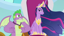 Size: 1920x1080 | Tagged: safe, screencap, spike, twilight sparkle, alicorn, dragon, pony, g4, the last problem, female, gigachad spike, male, mare, older, older spike, older twilight, older twilight sparkle (alicorn), princess twilight 2.0, twilight sparkle (alicorn), winged spike, wings