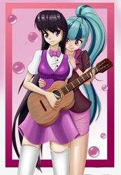 Size: 1175x1701 | Tagged: safe, artist:scs-g3-n17, octavia melody, sonata dusk, human, equestria girls, g4, breasts, busty octavia melody, clothes, cute, guitar, human coloration, humanized, musical instrument, sonatabetes, sontavia, stockings, thigh highs