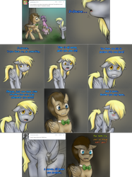 Size: 2254x3006 | Tagged: safe, artist:jitterbugjive, amethyst star, derpy hooves, dinky hooves, doctor whooves, sparkler, time turner, pegasus, pony, unicorn, ask discorded whooves, g4, ask, bags under eyes, bowtie, crying, dialogue, discord whooves, doctor whooves is not amused, female, filly, high res, jewelry, key, male, mare, necklace, race swap, sad, sparkles, stallion, tears of fear, tears of sadness, teenager, this will end in tears, this will not end well, tree, trio, tumblr comic, unshorn fetlocks