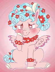 Size: 661x861 | Tagged: safe, artist:rain/jackie, cozy glow, pegasus, pony, g4, blushing, bracelet, cozybetes, cute, female, filly, floral necklace, flower, flower in hair, fluffy, heart eyes, signature, solo, wingding eyes
