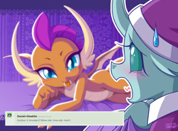 Size: 1200x890 | Tagged: safe, alternate version, artist:uotapo, ocellus, smolder, changedling, changeling, dragon, g4, :p, aaaaaaaaaa, bed, blushing, changeling x dragon, cute, dragoness, duo, female, lesbian, looking at you, screaming, ship:smolcellus, shipping, smolderbetes, sweat, sweatdrop, tongue out, wavy tongue