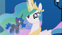 Size: 1366x768 | Tagged: safe, artist:agrol, princess celestia, princess luna, alicorn, pony, g4, glowing horn, horn, it's hard to be a princess, magic, plushie, size difference, telekinesis, youtube link