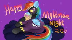 Size: 1280x720 | Tagged: safe, artist:jbond, rainbow dash, pegasus, pony, g4, candy, candy bag, clothes, cloud, cloudy, costume, eating, female, food, halloween, holiday, lying down, mare, nightmare night, postcard, prone, shadowbolt dash, shadowbolts costume, solo, text