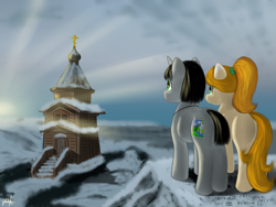 Size: 2000x1500 | Tagged: safe, artist:gesr, artist:rtg2100, oc, oc only, oc:gesr, earth pony, pony, unicorn, church, duo, female, male, snow