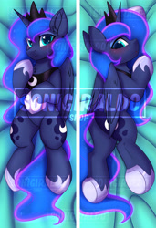 Size: 4031x5906 | Tagged: safe, artist:sonigiraldo, princess luna, alicorn, pony, g4, absurd resolution, blushing, body pillow, body pillow design, butt, female, looking at you, lying down, mare, obtrusive watermark, on back, on side, plot, smiling at you, solo, watermark