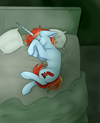 Size: 2000x2450 | Tagged: safe, artist:daringpineapple, oc, oc only, oc:crimson spark, pony, unicorn, bed, crying, high res, male, sad, solo