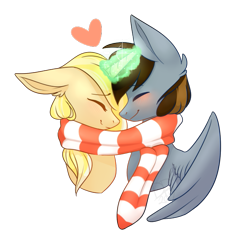 Size: 657x626 | Tagged: safe, artist:daringpineapple, oc, oc only, pegasus, pony, unicorn, blushing, clothes, commission, cute, duo, eyes closed, female, glowing horn, heart, horn, male, oc x oc, scarf, shipping, simple background, smiling, straight, transparent background, ych result