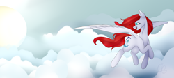Size: 3659x1638 | Tagged: safe, artist:daringpineapple, oc, oc only, pegasus, pony, cloud, female, flying, solo