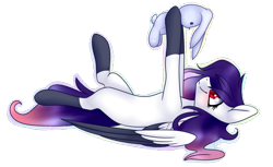 Size: 867x531 | Tagged: safe, artist:daringpineapple, oc, oc only, pegasus, pony, blushing, coat markings, colored wings, female, gradient mane, gradient tail, hoof hold, lying down, mare, on back, plushie, red eyes, simple background, smiling, socks (coat markings), solo, spread wings, transparent background, two toned wings, wings