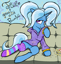 Size: 1085x1119 | Tagged: safe, artist:sallycars, gameloft, trixie, pony, unicorn, g4, alternate hairstyle, babysitter trixie, blushing, clothes, couch, featureless crotch, female, food, gameloft interpretation, hoodie, mare, misspelling, pigtails, popcorn, raised hoof, socks, solo, striped socks, trixie day