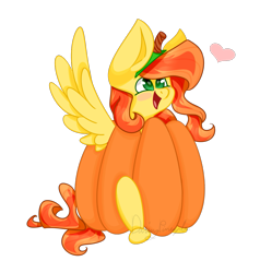 Size: 1123x1127 | Tagged: safe, artist:daringpineapple, oc, oc only, oc:phoenix feather, pegasus, pony, clothes, costume, female, food, food costume, halloween, heart, holiday, pumpkin, pumpkin costume, simple background, solo, transparent background