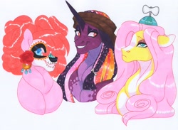 Size: 3909x2866 | Tagged: safe, artist:frozensoulpony, fluttershy, pinkie pie, twilight sparkle, alicorn, pony, g4, clothes, costume, hat, high res, nightmare night costume, propeller hat, traditional art, twilight sparkle (alicorn)