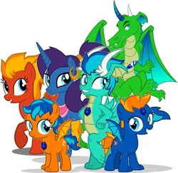 Size: 613x597 | Tagged: safe, oc, oc only, oc:blazing beryl, oc:burning heart, oc:crystal scale, oc:destiny, oc:ever wish, oc:topaz enchantment, centaur, genie, pegasus, pony, adopted daughter, family, family photo, father and child, father and daughter, female, half-spirit, husband and wife, interspecies offspring, male, mother and child, mother and daughter, oc x oc, offspring, pegasus oc, shipping, siblings, simple background, sisters, spirit, twins, white background, wings
