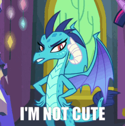 Size: 592x600 | Tagged: safe, screencap, princess ember, twilight sparkle, dragon, g4, triple threat, angry, animated, blatant lies, cute, denial, denial's not just a river in egypt, emberbetes, female, gif, i'm not cute, in denial, madorable, offscreen character, solo focus, tsundember, tsundere, twilight's castle