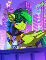 Size: 2000x2600 | Tagged: safe, artist:redchetgreen, oc, oc only, oc:evergreen feathersong, pegasus, pony, cyberpunk, high res, solo