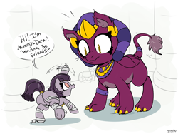 Size: 2000x1500 | Tagged: safe, artist:skoon, the sphinx, oc, oc:mummydew, cat, earth pony, pony, sphinx, undead, g4, butt, clumsy, colored pinnae, cute, excited, female, filly, foal, kitten, mummy, plot, waving