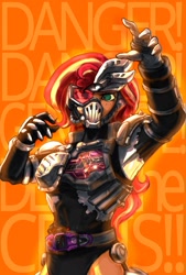 Size: 1377x2039 | Tagged: safe, artist:oberon826, sunset shimmer, equestria girls, g4, dangerous zombie, female, kamen rider, kamen rider ex-aid, kamen rider genm, kamen rider genm zombie gamer, solo
